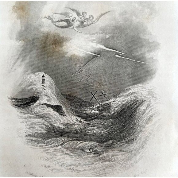 And The Sea Gave Up The Dead Angels Engraving 1868 Victorian Religious DWEE27 - Picture 1 of 3